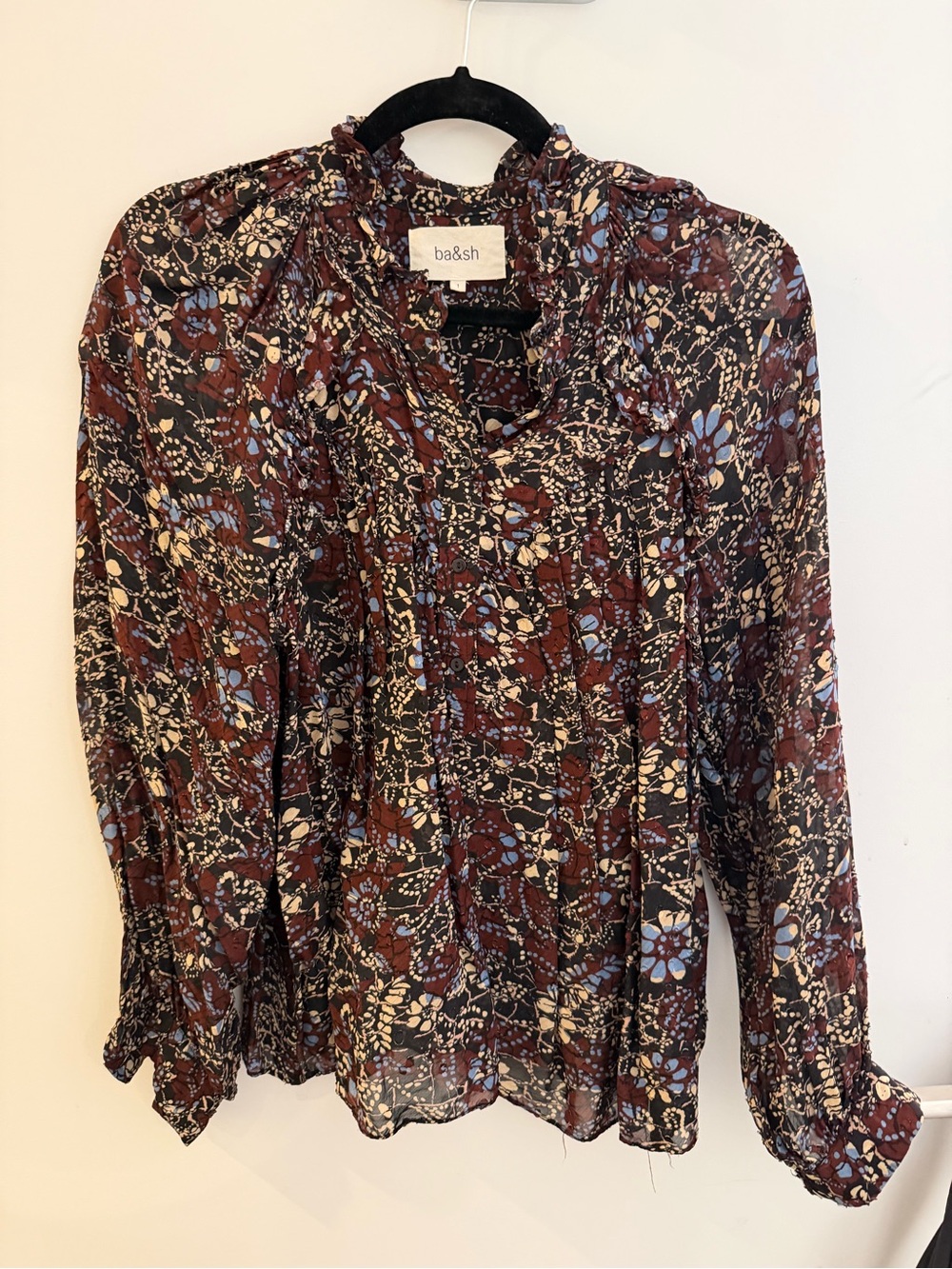 ba&sh Brown Floral Ruffle-Neck Long Sleeve Blouse with Light Blue Accents